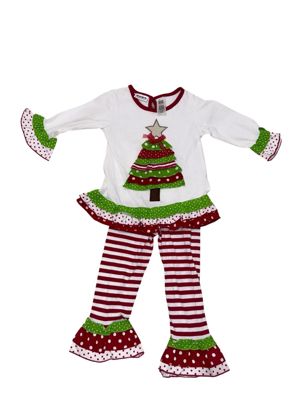 Blueberi Boulevard White, Red & Green Christmas Tree Ruffle Pajama Set